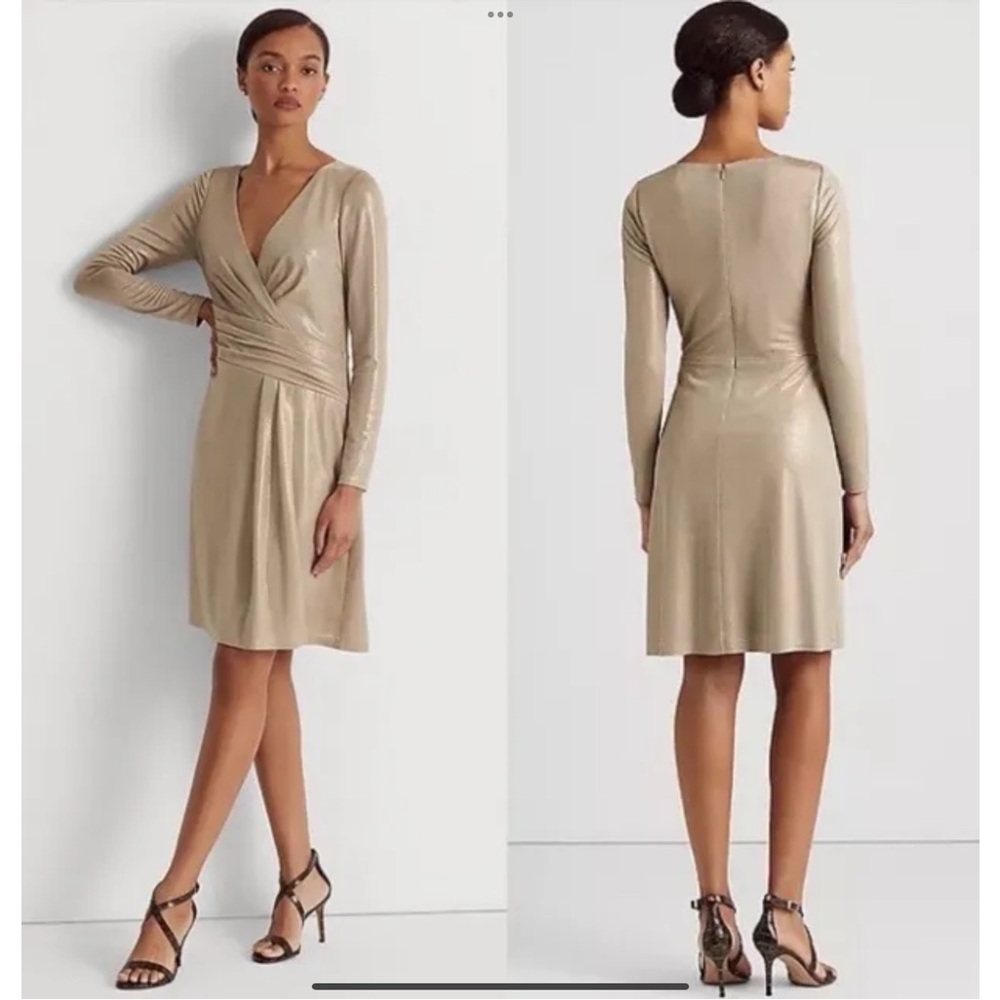 Lauren Ralph Lauren Foil Print Jersey Cocktail Dress Gold Size 16 New With Tags